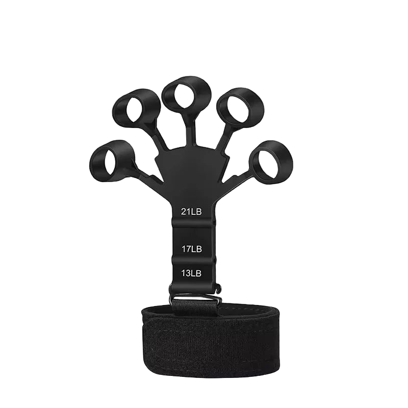 Black finger exerciser with weight markings on a white background Black finger exerciser with weight markings on a white background