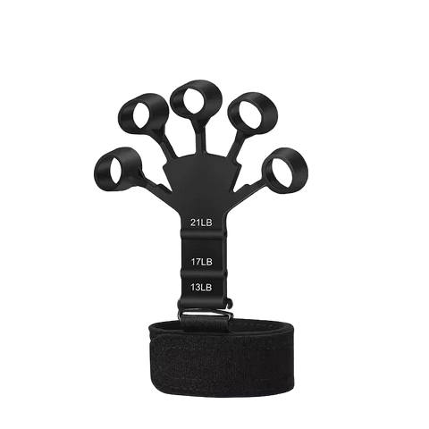 Black finger exerciser with weight markings on a white background Black finger exerciser with weight markings on a white background